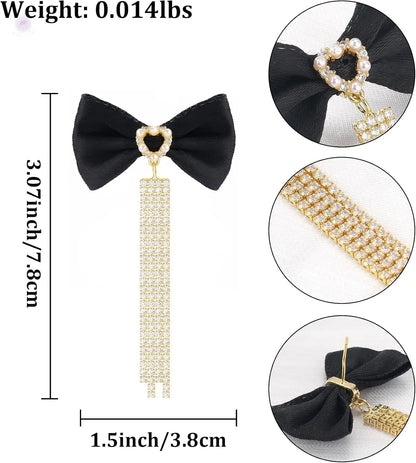 Black Bow Earrings for Women with Long Tassel Dangle 14K Gold Plated Cubic Zirconia Tassel Bow Knot Earrings Drop Gold Fringe Chain Bow Tie Ribbon Bowknot Earrings Trendy Party Jewelry Gift for Women