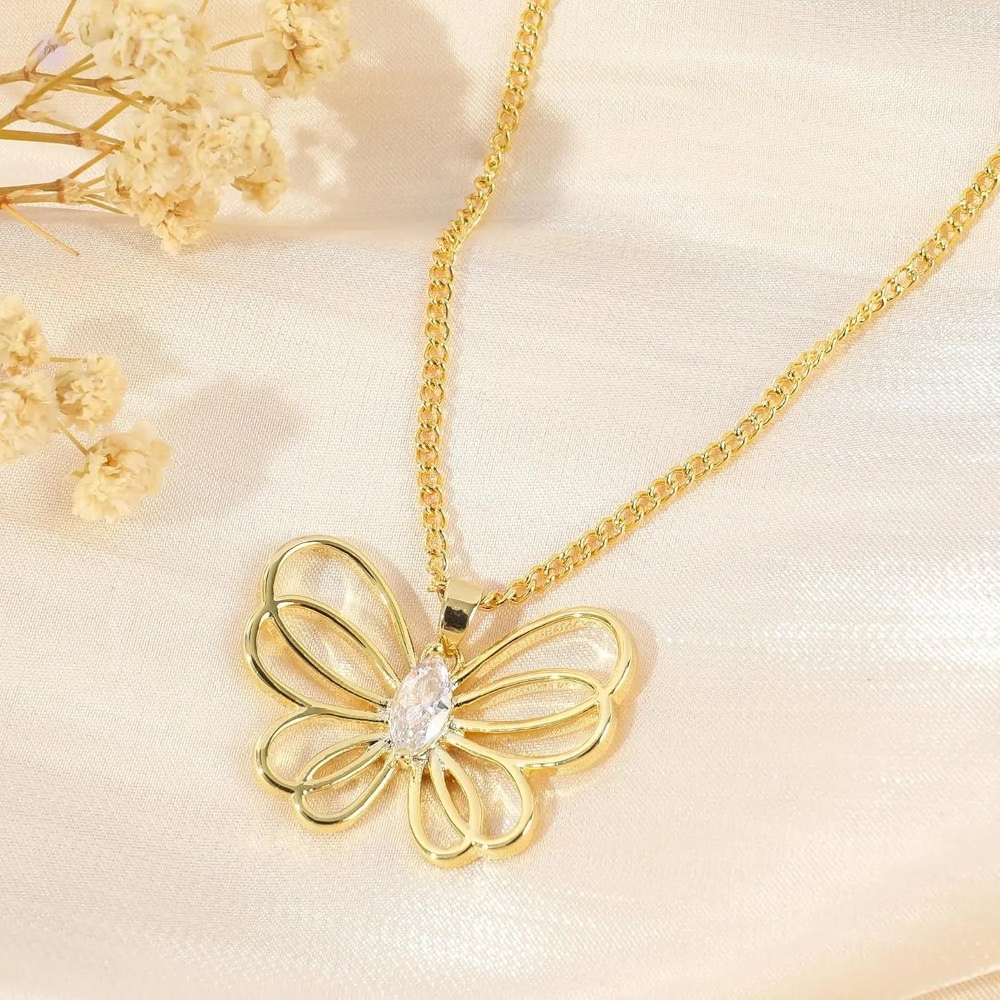 Gold Butterfly Pendant Necklace for Women 14K Gold Plated Hollow Butterfly Choker Necklace Adjustable Chain Elegant Insect Fairy Butterfly Statement Necklace Party Trendy Summer Jewelry Gift for Women