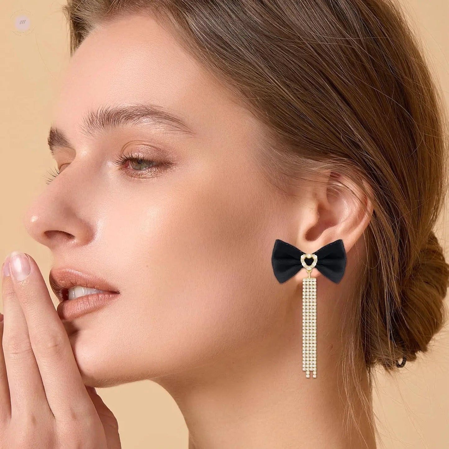 Black Bow Earrings for Women with Long Tassel Dangle 14K Gold Plated Cubic Zirconia Tassel Bow Knot Earrings Drop Gold Fringe Chain Bow Tie Ribbon Bowknot Earrings Trendy Party Jewelry Gift for Women