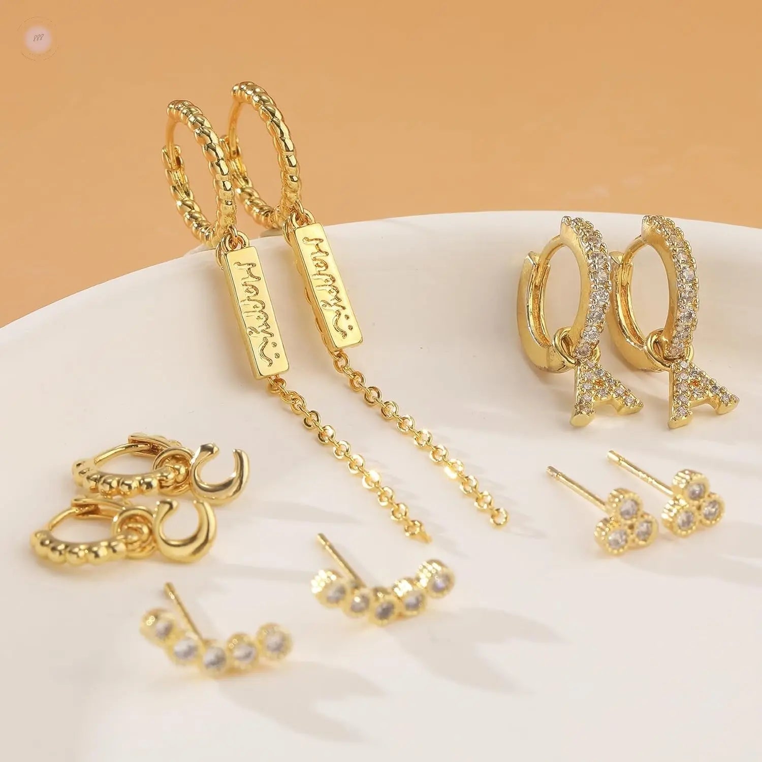 Gold Letter A&C Hoop Earrings Set for Women 14K Gold Plated Dainty Huggie Hoop Earrings Happy Smiley Face Long Tassel Chain Crawler Cubic Zirconia Stud Earrings Set for Multiple Piercing Jewelry Gifts