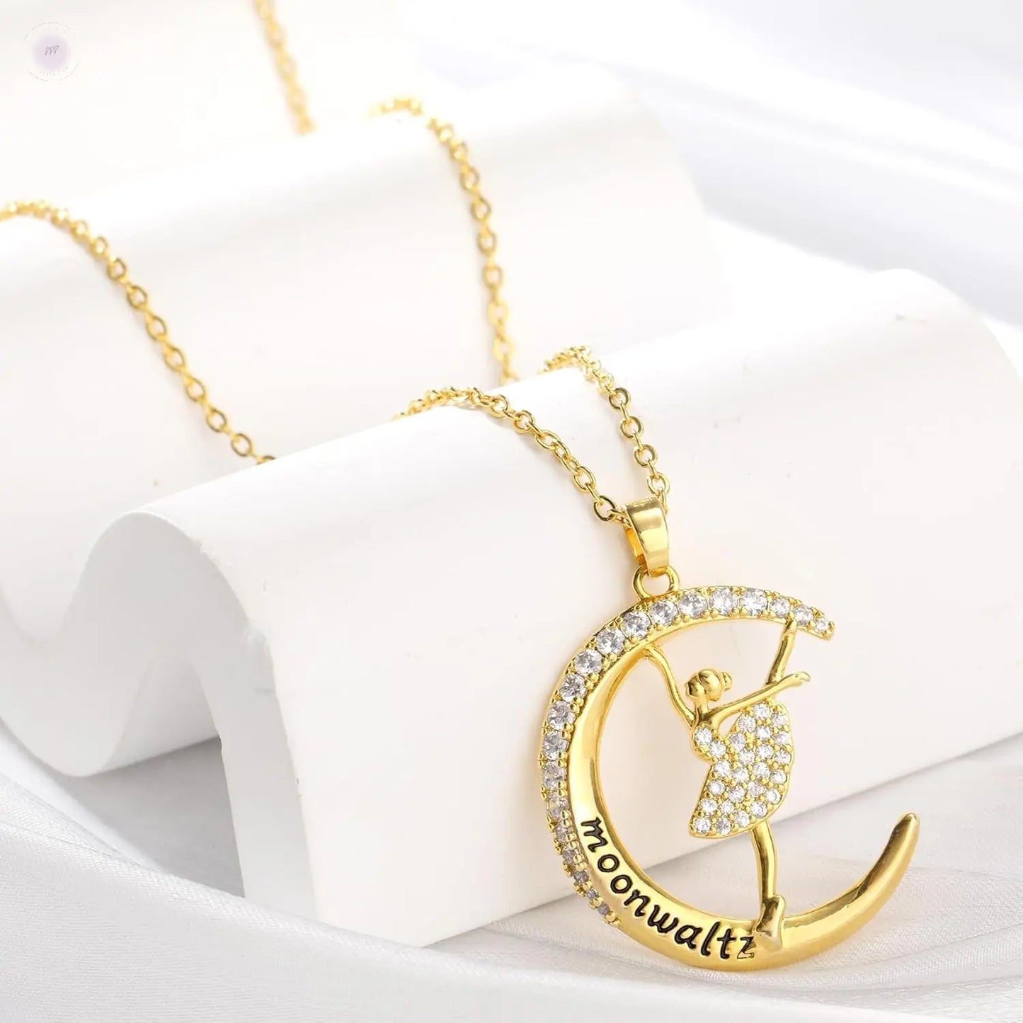 Gold Ballerina Pendant Necklace for Women 14K Gold Plated Cubic Zirconia Moon Ballet Dance Charm Adjustable Chain Statement Necklace Ballerina Dancer Jewelry Gift Dance Recital Gifts for Teen Girls