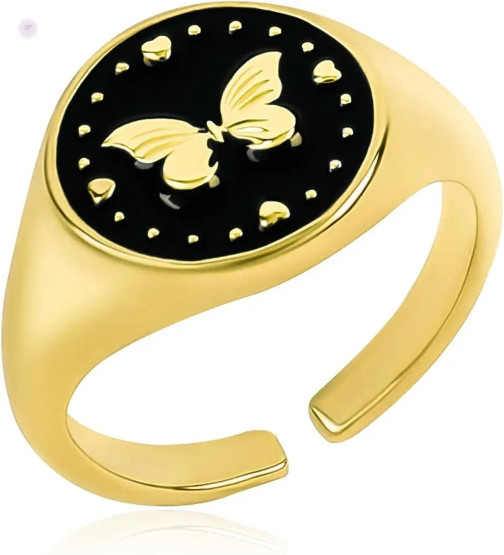 Gold Butterfly Signet Ring for Women 14K Gold Plated Butterfly Black Chunky Ring with Cute Heart Open Adjustable Engraved Butterfly round Signet Statement Ring Summer Trendy Jewelry Gift for Girls